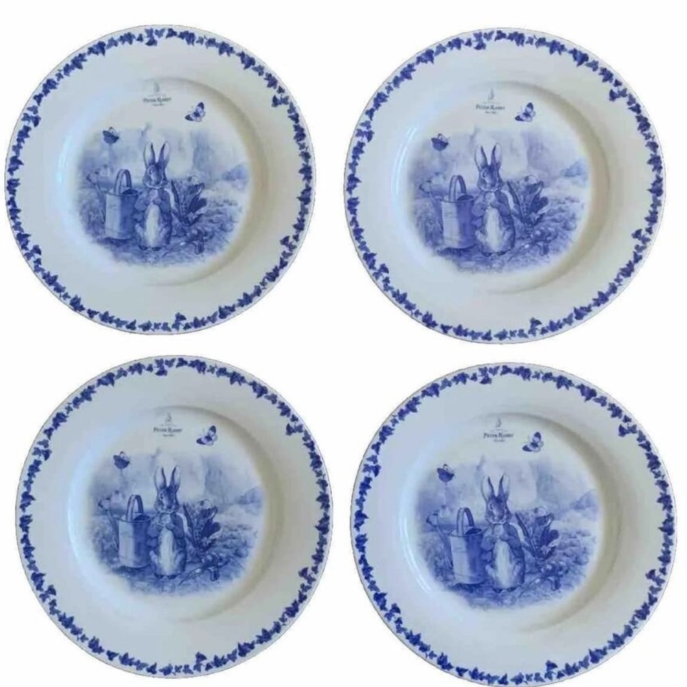 SET of 4 NEW BEATRIX POTTER PETER RABBIT DINNER PLATES DISHES BLUE IVY 10.5” NEW